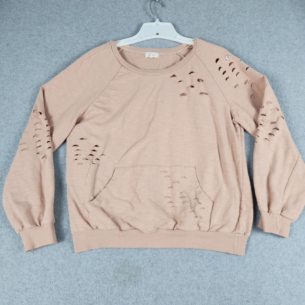 Duets Sweatshirt Womens Medium Beige Stretch Slashed Cutout Round Neck Pullover